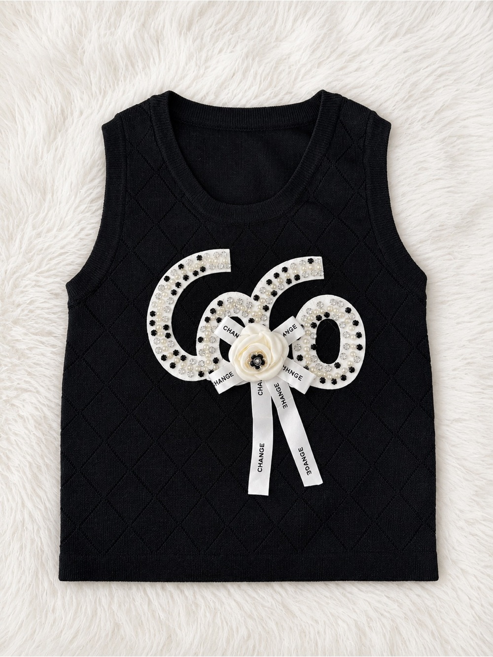 Black Sleeveless Knit Top Women’s Size M Rhinestone Bow Detail